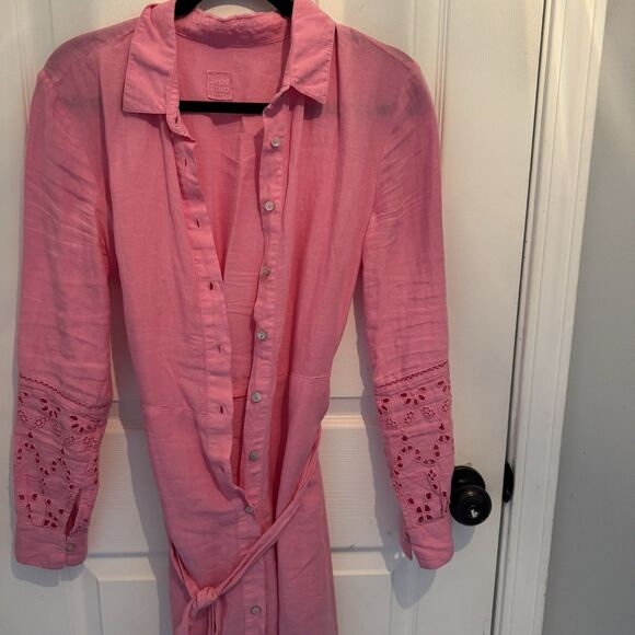 120 LINO 100% Linen Eyelet Detail ShirtDress pink 2061tn - Picture 5 of 7